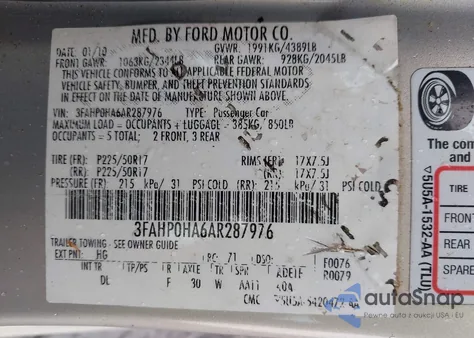 2010 Ford Fusion Se from USA, damaged, VIN 3FAHP0HA6AR287976